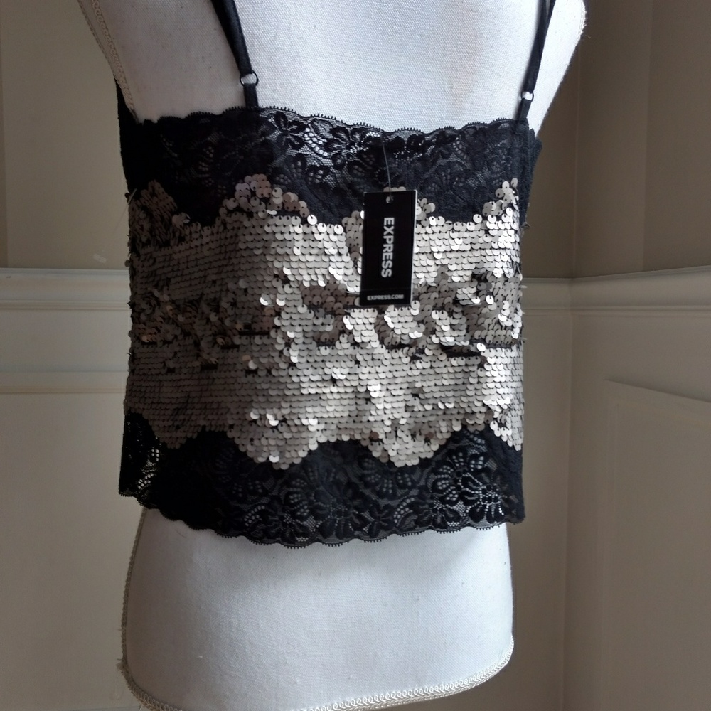 NEW EXPRESS SILVER AND LACE TOP - Picture 3 of 8